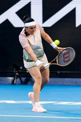 MELBOURNE, VIC - JANUARY 15: Ons Jabeur of Tunisia in action during Round 1 of the 2024 Australian Open on January 15 2024, at Melbourne Park in Melbourne, Australia. (Photo by Jason Heidrich Icon Sportswire) TENNIS: JAN 15 Australian Open EDITORIAL USE ONLY Icon240115187