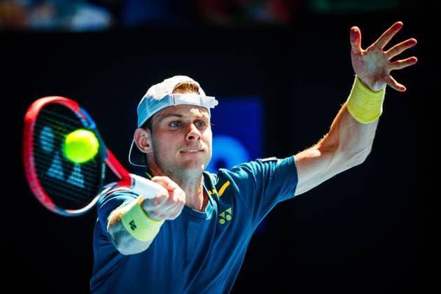 Belgian Zizou Bergs pictured in action during a tennis match against Greek Tsitsipas, in round 1 of the men s singles tournament at the Australian Open Grand Slam, Monday 15 January 2024 in Melbourne Park, Melbourne, Australia. The 2024 edition of the Australian Grand Slam takes place from January 14th to January 28th. PATRICKxHAMILTON  x84012872x