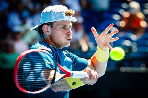 Belgian Zizou Bergs pictured in action during a tennis match against Greek Tsitsipas, in round 1 of the men s singles tournament at the Australian Open Grand Slam, Monday 15 January 2024 in Melbourne Park, Melbourne, Australia. The 2024 edition of the Australian Grand Slam takes place from January 14th to January 28th. PATRICKxHAMILTON  x84012901x