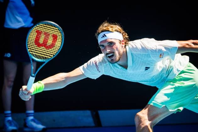 Greek Stefanos Tsitsipas pictured in action during a tennis match against Belgian Bergs, in round 1 of the men s singles tournament at the Australian Open Grand Slam, Monday 15 January 2024 in Melbourne Park, Melbourne, Australia. The 2024 edition of the Australian Grand Slam takes place from January 14th to January 28th. PATRICKxHAMILTON  x84012929x