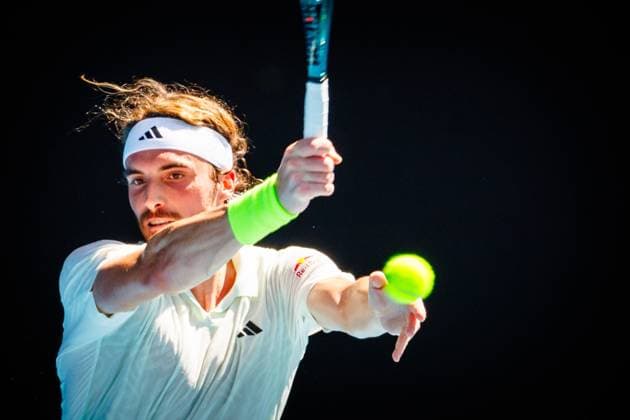 Greek Stefanos Tsitsipas pictured in action during a tennis match against Belgian Bergs, in round 1 of the men s singles tournament at the Australian Open Grand Slam, Monday 15 January 2024 in Melbourne Park, Melbourne, Australia. The 2024 edition of the Australian Grand Slam takes place from January 14th to January 28th. PATRICKxHAMILTON  x84012952x