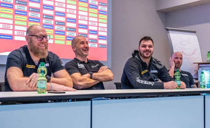Sport Themen der Woche KW03 HANDBALL - EHF EURO 2024 MANNHEIM,GERMANY,15.JAN.24 - HANDBALL - EHF Men s European Championship, EM, Europameisterschaft 2024, group stage, press conference, PK, Pressekonferenz OEHB Team AUT. Image shows head coach Ales Pajovic (AUT), sporting director Patrick Foelser (OEHB), Tobias Wagner and Robert Weber (AUT).  GEPAxpictures xEdgarxEisner