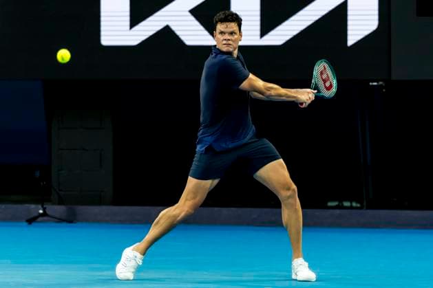 MELBOURNE, VIC - JANUARY 15: Milos Raonic of Canada in action during Round 1 of the 2024 Australian Open on January 15 2024, at Melbourne Park in Melbourne, Australia. (Photo by Jason Heidrich Icon Sportswire) TENNIS: JAN 15 Australian Open EDITORIAL USE ONLY Icon240115251