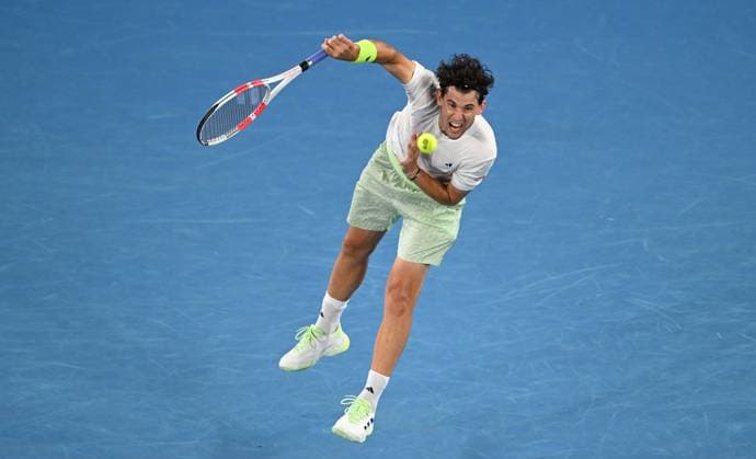 TENNIS AUSTRALIAN OPEN, Domonic Thiem of Austria serves during his first round match against Felix Auger-Aliassime of Canada on Day 2 of the 2024 Australian Open at Melbourne Park in Melbourne, Monday, January 15, 2024. ( NO ARCHIVING, EDITORIAL USE ONLY, NO USE IN BOOKS WITHOUT CONSENT MELBOURNE VICTORIA AUSTRALIA  Copyright: xLUKASxCOCHx 20240115001889280813