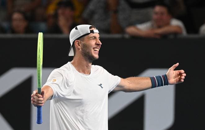 TENNIS AUSTRALIAN OPEN, Jan-Lennard Struff of Germany reacts after winning his first round match against Rinky Hijikata of Australia on Day 2 of the 2024 Australian Open at Melbourne Park in Melbourne, Monday, January 15, 2024. ( NO ARCHIVING, EDITORIAL USE ONLY, NO USE IN BOOKS WITHOUT CONSENT MELBOURNE VICTORIA AUSTRALIA  Copyright: xLUKASxCOCHx 20240116001889341520