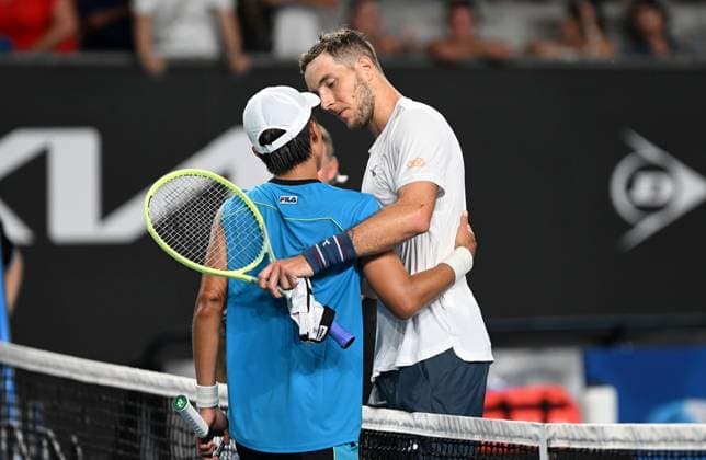 TENNIS AUSTRALIAN OPEN, Jan-Lennard Struff of Germany (right) reacts after winning his first round match against Rinky Hijikata of Australia on Day 2 of the 2024 Australian Open at Melbourne Park in Melbourne, Monday, January 15, 2024. ( NO ARCHIVING, EDITORIAL USE ONLY, NO USE IN BOOKS WITHOUT CONSENT MELBOURNE VICTORIA AUSTRALIA  Copyright: xLUKASxCOCHx 20240116001889344300