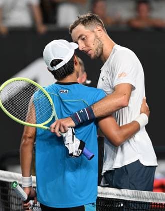 TENNIS AUSTRALIAN OPEN, Jan-Lennard Struff of Germany (right) reacts after winning his first round match against Rinky Hijikata of Australia on Day 2 of the 2024 Australian Open at Melbourne Park in Melbourne, Monday, January 15, 2024. ( NO ARCHIVING, EDITORIAL USE ONLY, NO USE IN BOOKS WITHOUT CONSENT MELBOURNE VICTORIA AUSTRALIA  Copyright: xLUKASxCOCHx 20240116001889344812