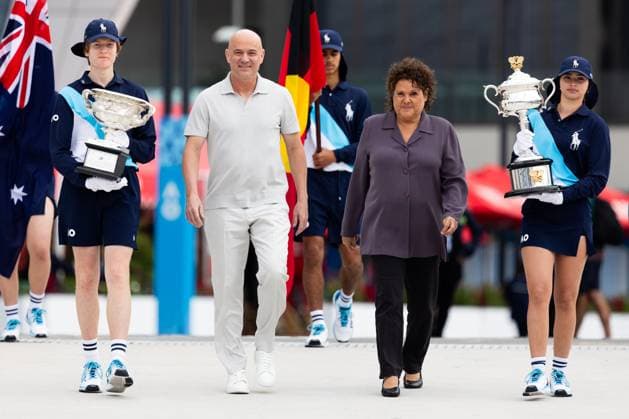 January 14, 2024, Melbourne, Victoria, Australia: MELBOURNE, AUSTRALIA - JANUARY 14: Andre Agassi and Evonne Goolagong Cawley pose with the Norman Brookes Challenge Cup and the Daphne Akhurst Memorial Cup at the Trophy arrival ceremony during day one of the 2024 Australian Open at Melbourne Park on January 14, 2024 in Melbourne, Australia Melbourne Australia - ZUMAp121 20240114_zsp_p121_179 Copyright: xChrisxPutnamx