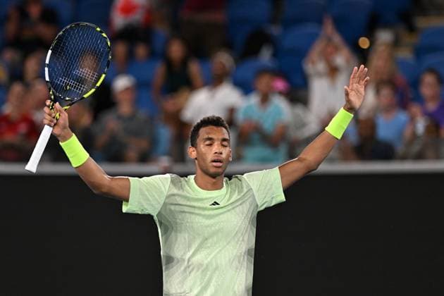 TENNIS AUSTRALIAN OPEN, Felix Auger-Aliassime of Canada celebrates after winning his first round match against Domonic Thiem of Austria on Day 2 of the 2024 Australian Open at Melbourne Park in Melbourne, Monday, January 15, 2024. ( NO ARCHIVING, EDITORIAL USE ONLY, NO USE IN BOOKS WITHOUT CONSENT MELBOURNE VICTORIA AUSTRALIA  Copyright: xLUKASxCOCHx 20240116001889369498