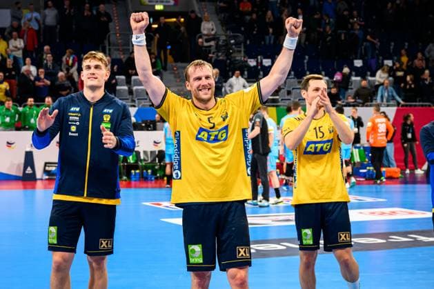 Mannheim, Germany European Handball Championship 2024 preliminary round Group E Sweden Netherlands Max Darj Sweden Final cheer Final cheer Emotion Joy Mannheim Sap Arena Baden Württemberg Germany