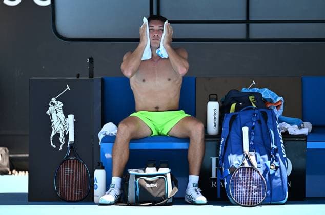 Sport Bilder des Tages TENNIS AUSTRALIAN OPEN, James McCabe of Australia recovers during his first round match against Alex Michelsen of USA on Day 3 of the 2024 Australian Open at Melbourne Park in Melbourne, Tuesday, January 16, 2024. ( NO ARCHIVING, EDITORIAL USE ONLY, NO USE IN BOOKS WITHOUT CONSENT MELBOURNE VICTORIA AUSTRALIA  Copyright: xJAMESxROSSx 20240116001889585144