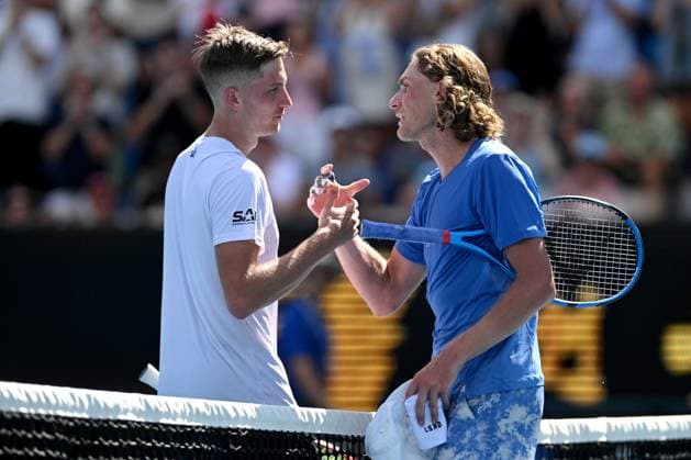 TENNIS AUSTRALIAN OPEN, Max Purcell of Australia is congratulated on his win by Mate Valkusz of Hungary during their round 1 match on Day 3 of the 2024 Australian Open at Melbourne Park in Melbourne, Tuesday, January 16, 2024. ( NO ARCHIVING, EDITORIAL USE ONLY, NO USE IN BOOKS WITHOUT CONSENT MELBOURNE VICTORIA AUSTRALIA  Copyright: xLUKASxCOCHx 20240116001889639127