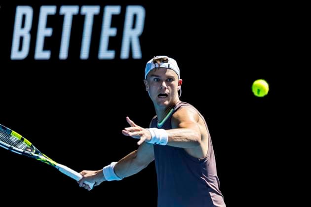 MELBOURNE, VIC - JANUARY 16: Holger Rune of Denmark in action during Round 1 of the 2024 Australian Open on January 16 2024, at Melbourne Park in Melbourne, Australia. (Photo by Jason Heidrich Icon Sportswire) TENNIS: JAN 16 Australian Open EDITORIAL USE ONLY Icon240116110