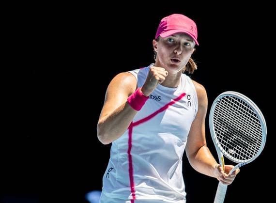 (240116) -- MELBOURNE, Jan. 16, 2024 -- Iga Swiatek of Poland celebrates during the women s singles 1st round match between Iga Swiatek of Poland and Sofia Kenin of the United States at Australian Open tennis tournament in Melbourne, Australia, Jan. 16, 2024. (Photo by Xinhua) (SP)AUSTRALIA-MELBOURNE-TENNIS-AUSTRALIAN OPEN HuxJingchen 