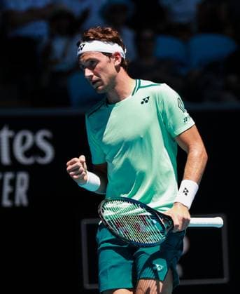 (240116) -- MELBOURNE, Jan. 16, 2024 -- Casper Ruud of Norway celebrates during the men s singles 1st round match between Casper Ruud of Norway and Albert Ramos-Vinolas of Spain at Australian Open tennis tournament in Melbourne, Australia, Jan. 16, 2024. ) (SP)AUSTRALIA-MELBOURNE-TENNIS-AUSTRALIAN OPEN MaxPing 