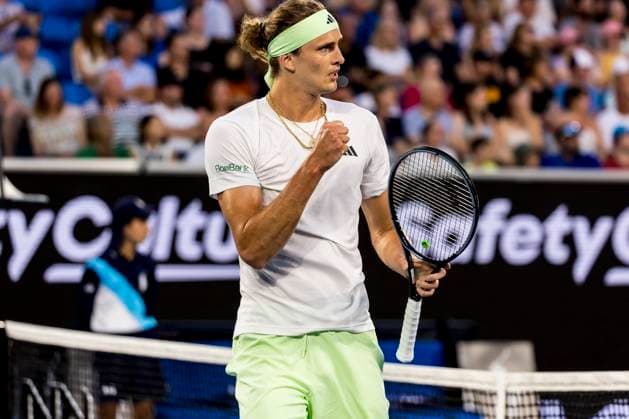 MELBOURNE, VIC - JANUARY 16: Alexander Zverev of Germany celebrates during Round 1 of the 2024 Australian Open on January 16 2024, at Melbourne Park in Melbourne, Australia. (Photo by Jason Heidrich Icon Sportswire) TENNIS: JAN 16 Australian Open EDITORIAL USE ONLY Icon240116225