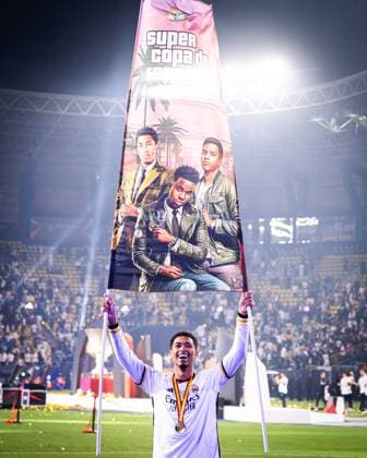 Real Madrid CF v FC Barcelona, Barca - Supercopa de Espana RIAD, SAUDI ARABIA, JANUARY 14: Jude Bellingham of Real Madrid CF celebrating after winning the Supercopa de Espana during the game valid for Supercopa de Espana between Real Madrid CF and FC Barcelona at Al Awwal stadium on January 14, 2024 in Riad, Saudi Arabia. Riad Al Awwal stadium Riad Saudi Arabia Copyright: xAlexxPerezx RealMadridBarcelona_Supercopa_14Enero