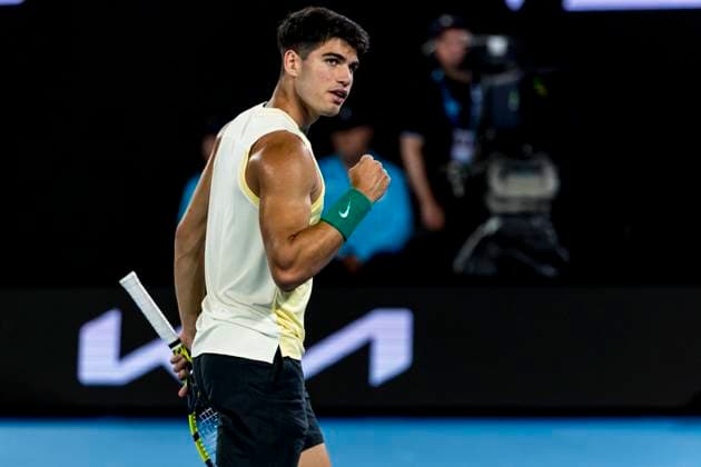 MELBOURNE, VIC - JANUARY 16: Carlos Alcaraz of Spain celebrates during Round 1 of the 2024 Australian Open on January 16 2024, at Melbourne Park in Melbourne, Australia. (Photo by Jason Heidrich Icon Sportswire) TENNIS: JAN 16 Australian Open EDITORIAL USE ONLY Icon240116230