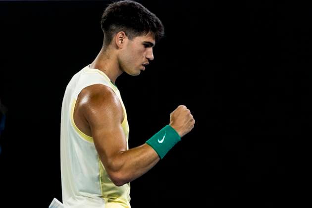 MELBOURNE, VIC - JANUARY 16: Carlos Alcaraz of Spain celebrates during Round 1 of the 2024 Australian Open on January 16 2024, at Melbourne Park in Melbourne, Australia. (Photo by Jason Heidrich Icon Sportswire) TENNIS: JAN 16 Australian Open EDITORIAL USE ONLY Icon240116234