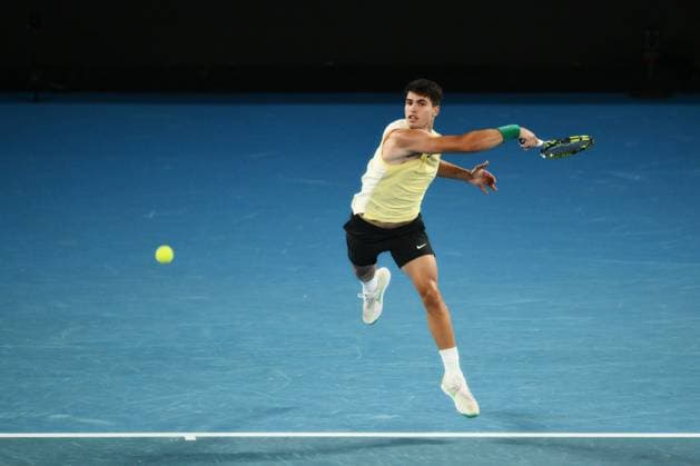 Carlos Alcaraz (ESP) during his first round match Australian Open, Day Three, Tennis, Melbourne Park, Melbourne, Australia - 16 Jan 2024  Copyright: xJamesxGourley Shutterstockx 14297584fq