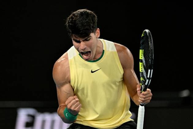 TENNIS AUSTRALIAN OPEN, Carlos Alcaraz of Spain reacts during his round 1 match against Richard Gasquet of France on Day 3 of the 2024 Australian Open at Melbourne Park in Melbourne, Tuesday, January 16, 2024. ( NO ARCHIVING, EDITORIAL USE ONLY, NO USE IN BOOKS WITHOUT CONSENT MELBOURNE VICTORIA AUSTRALIA  Copyright: xLUKASxCOCHx 20240116001889727788