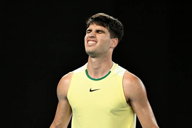 TENNIS AUSTRALIAN OPEN, Carlos Alcaraz of Spain reacts during his round 1 match against Richard Gasquet of France on Day 3 of the 2024 Australian Open at Melbourne Park in Melbourne, Tuesday, January 16, 2024. ( NO ARCHIVING, EDITORIAL USE ONLY, NO USE IN BOOKS WITHOUT CONSENT MELBOURNE VICTORIA AUSTRALIA  Copyright: xLUKASxCOCHx 20240116001889729152