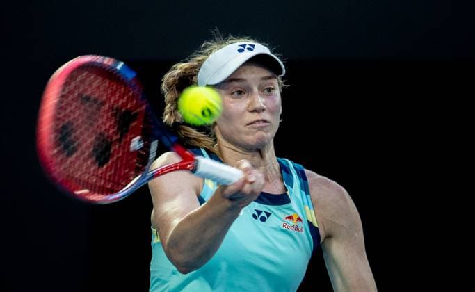 (240116) -- MELBOURNE, Jan. 16, 2024 -- Elena Rybakina of Kazakhstan hits a return during the women s singles first round match between Elena Rybakina of Kazakhstan and Karolina Pliskova of the Czech Republic at the Australian Open tennis tournament in Melbourne, Australia on Jan. 16, 2024. (Photo by Xinhua) (SP)AUSTRALIA-MELBOURNE-TENNIS-AUSTRALIAN OPEN HuxJingchen 