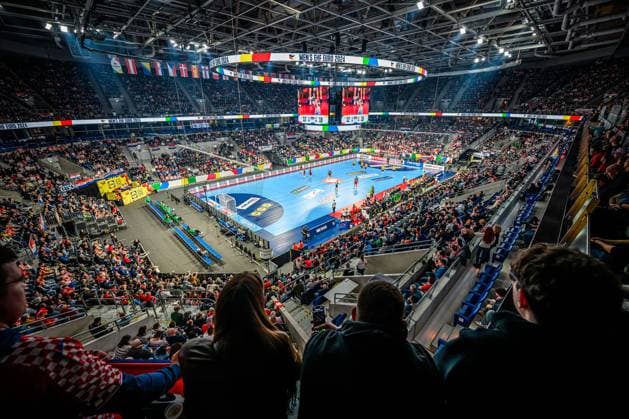 Mannheim, Germany European Handball Championship 2024 Preliminary Round Group B Croatia Romania Overview SAP Arena, Fan Curve Fans Fanblock Mannheim Sap Arena Baden Württemberg Germany