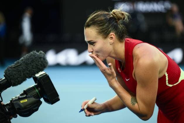 Aryna Sabalenka (BLR) blows a kiss to the camera as she celebrates winning her second round match Australian Open, Day Four, Tennis, Melbourne Park, Melbourne, Australia - 17 Jan 2024  Copyright: xJamesxGourley Shutterstockx 14297589gt