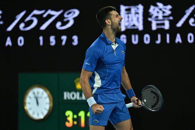 TENNIS AUSTRALIAN OPEN, Novak Djokovic of Serbia celebrates match point during his round 2 win over Alexei Popyrin of Australia on Day 4 of the 2024 Australian Open at Melbourne Park in Melbourne, Wednesday, January 17, 2024. ( NO ARCHIVING, EDITORIAL USE ONLY, NO USE IN BOOKS WITHOUT CONSENT MELBOURNE VICTORIA AUSTRALIA  Copyright: xJAMESxROSSx 20240118001890185732