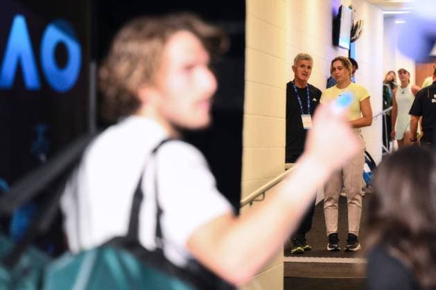 Paula Badosa (ESP) and Apostolos Tsitsipas watch Stefanos Tsitsipas (GRE) sign autographs after winning his second round match Australian Open, Day Four, Tennis, Melbourne Park, Melbourne, Australia - 17 Jan 2024  Copyright: xJamesxGourley Shutterstockx 14297589kx