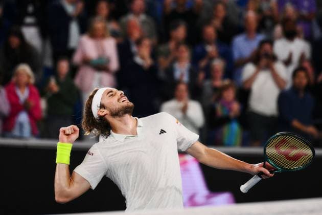 Stefanos Tsitsipas (GRE) celebrates winning his second round match Australian Open, Day Four, Tennis, Melbourne Park, Melbourne, Australia - 17 Jan 2024  Copyright: xJamesxGourley Shutterstockx 14297589mj