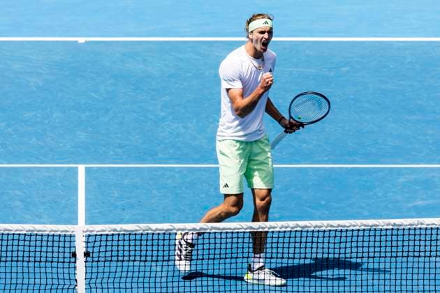 MELBOURNE, VIC - JANUARY 18: Alexander Zverev of Germany celebrates during Round 2 of the 2024 Australian Open on January 18 2024, at Melbourne Park in Melbourne, Australia. (Photo by Jason Heidrich Icon Sportswire) TENNIS: JAN 18 Australian Open EDITORIAL USE ONLY Icon240118027