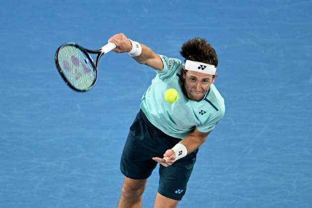 TENNIS AUSTRALIAN OPEN, Casper Ruud of Norway in action during his 2nd round match against Max Purcell of Australia on Day 5 of the 2024 Australian Open at Melbourne Park in Melbourne, Thursday, January 18, 2024. ( NO ARCHIVING, EDITORIAL USE ONLY, NO USE IN BOOKS WITHOUT CONSENT MELBOURNE VICTORIA AUSTRALIA  Copyright: xLUKASxCOCHx 20240118001890462191