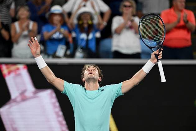 TENNIS AUSTRALIAN OPEN, Casper Ruud of Norway celebrates match point during his 2nd round win over Max Purcell of Australia on Day 5 of the 2024 Australian Open at Melbourne Park in Melbourne, Thursday, January 18, 2024. ( NO ARCHIVING, EDITORIAL USE ONLY, NO USE IN BOOKS WITHOUT CONSENT MELBOURNE VICTORIA AUSTRALIA  Copyright: xLUKASxCOCHx 20240118001890468373