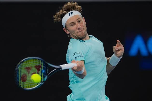 (240118) -- MELBOURNE, Jan. 18, 2024 -- Casper Ruud returns a shot during the men s singles 2nd round match between Casper Ruud of Norway and Max Purcell of Australia at Australian Open tennis tournament in Melbourne, Australia, Jan. 18, 2024. (Photo by Xinhua) (SP)AUSTRALIA-MELBOURNE-TENNIS-AUSTRALIAN OPEN ChuxChen 