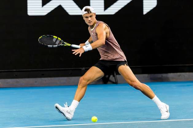 MELBOURNE, VIC - JANUARY 18: Holger Rune of Denmark in action during Round 2 of the 2024 Australian Open on January 18 2024, at Melbourne Park in Melbourne, Australia. (Photo by Jason Heidrich Icon Sportswire) TENNIS: JAN 18 Australian Open EDITORIAL USE ONLY Icon240118179