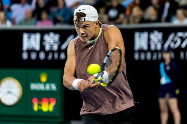 MELBOURNE, VIC - JANUARY 18: Holger Rune of Denmark in action during Round 2 of the 2024 Australian Open on January 18 2024, at Melbourne Park in Melbourne, Australia. (Photo by Jason Heidrich Icon Sportswire) TENNIS: JAN 18 Australian Open EDITORIAL USE ONLY Icon240118205