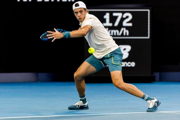 MELBOURNE, VIC - JANUARY 18: Authur Cazaux of France in action during Round 2 of the 2024 Australian Open on January 18 2024, at Melbourne Park in Melbourne, Australia. (Photo by Jason Heidrich Icon Sportswire) TENNIS: JAN 18 Australian Open EDITORIAL USE ONLY Icon240118215