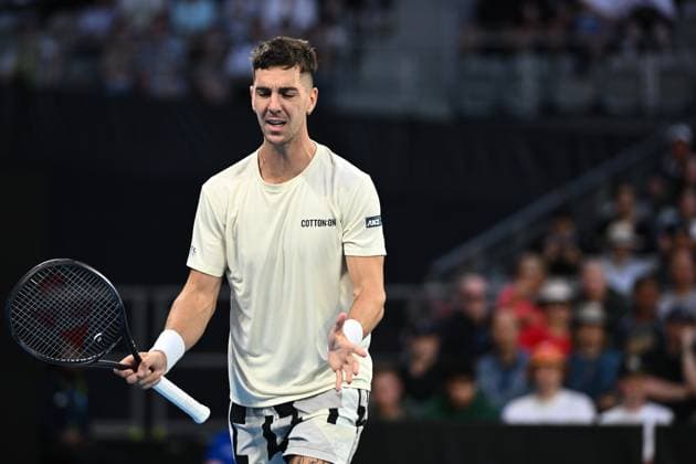 TENNIS AUSTRALIAN OPEN, Thanasi Kokkinakis of Australia reacts during his 2nd round match against Grigor Dimitrov of Bulgaria on Day 5 of the 2024 Australian Open at Melbourne Park in Melbourne, Thursday, January 18, 2024. ( NO ARCHIVING, EDITORIAL USE ONLY, NO USE IN BOOKS WITHOUT CONSENT MELBOURNE VICTORIA AUSTRALIA  Copyright: xJOELxCARRETTx 20240118001890541787