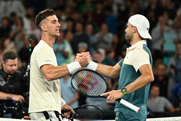 TENNIS AUSTRALIAN OPEN, Thanasi Kokkinakis of Australia congratulates Grigor Dimitrov of Bulgaria on his 2nd round on Day 5 of the 2024 Australian Open at Melbourne Park in Melbourne, Thursday, January 18, 2024. ( NO ARCHIVING, EDITORIAL USE ONLY, NO USE IN BOOKS WITHOUT CONSENT MELBOURNE VICTORIA AUSTRALIA  Copyright: xJOELxCARRETTx 20240118001890567373