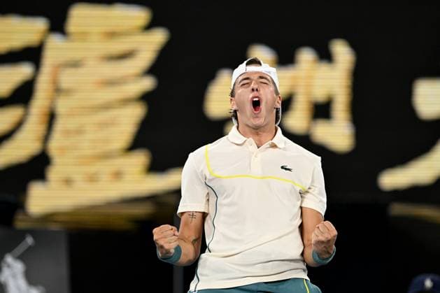 TENNIS AUSTRALIAN OPEN, Athur Cazaux of France celebrates match point during his 2nd round win over Holger Rune of Denmark on Day 5 of the 2024 Australian Open at Melbourne Park in Melbourne, Thursday, January 18, 2024. ( NO ARCHIVING, EDITORIAL USE ONLY, NO USE IN BOOKS WITHOUT CONSENT MELBOURNE VICTORIA AUSTRALIA  Copyright: xLUKASxCOCHx 20240118001890568834