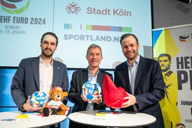 Opening MENS EHF EURO 2024 Fan Zone at the German Sport and Olympic Museum in Cologne 18 01 2024 Robert Voigtsberger City of Cologne, Alderman for Education, Youth and Sport , Dr Andreas Höfer German Sport and Olympic Museum , Benjamin Chatton German Handball Federation Opening MENS EHF EURO 2024 Fan Zone at the German Sport and Olympic Museum in Cologne 18 01 2024 Copyright: xBEAUTIFULxSPORTS Buriakovx