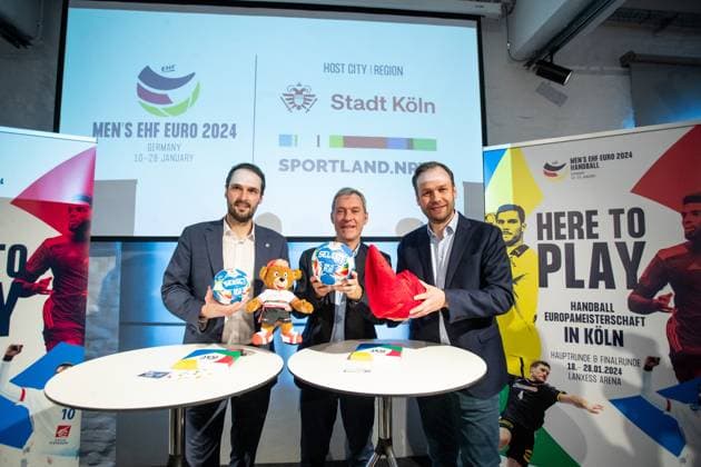 Opening MENS EHF EURO 2024 Fan Zone at the German Sport and Olympic Museum in Cologne 18 01 2024 Robert Voigtsberger City of Cologne, Alderman for Education, Youth and Sport , Dr Andreas Höfer German Sport and Olympic Museum , Benjamin Chatton German Handball Federation Opening MENS EHF EURO 2024 Fan Zone at the German Sport and Olympic Museum in Cologne 18 01 2024 Copyright: xBEAUTIFULxSPORTS Buriakovx