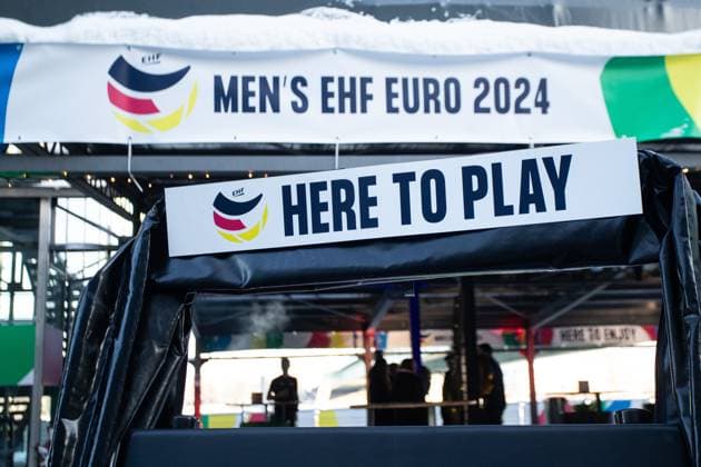 Opening MENS EHF EURO 2024 Fan Zone at the German Sport and Olympic Museum in Cologne 18 01 2024 a sign on the bike that says Here to play, in the background we see a sign that says MENS EHF EURO 2024 Opening MENS EHF EURO 2024 Fan Zone at the German Sport and Olympic Museum in Cologne 18 01 2024 Copyright: xBEAUTIFULxSPORTS Buriakovx