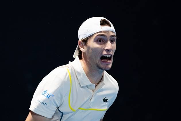 (240118) -- MELBOURNE, Jan. 18, 2024 -- Ugo Humbert of France reacts during the men s singles second round match Ugo Humbert of France and Zhang Zhizhen of China at the Australian Open tennis tournament in Melbourne, Australia, Jan. 18, 2024. (Photo by Xinhua) (SP)AUSTRALIA-MELBOURNE-TENNIS-AUSTRALIAN OPEN ChuxChen 