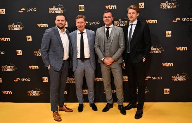 Patrick Vervoort (2nd left) pose for the photographer at the 70th edition of the Golden Shoe award ceremony, in Antwerp, Thursday 18 January 2024. The Golden Shoe (Gouden Schoen Soulier d Or) is an award for the best soccer player of the Belgian Jupiler Pro League championship during the calendar year 2023. VIRGINIExLEFOUR  x84252390x