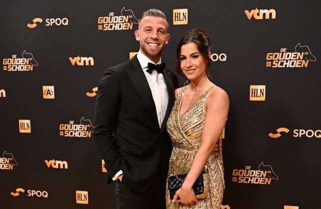 Antwerp s Toby Alderweireld and his wife Shani Van Mieghem pose for the photographer at the 70th edition of the Golden Shoe award ceremony, in Antwerp, Thursday 18 January 2024. The Golden Shoe (Gouden Schoen Soulier d Or) is an award for the best soccer player of the Belgian Jupiler Pro League championship during the calendar year 2023. VIRGINIExLEFOUR  x84253690x