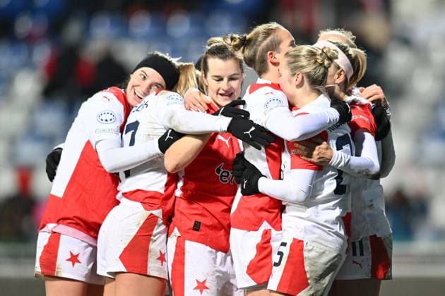 Soccer players of Slavia Praha celebrate goal during the St. Polten vs. Slavia Praha UEFA Women s Champions League match in Mlada Boleslav, Czech Republic, January 18, 2024. (CTKxPhoto RadekxPetrasek) CTKPhotoP2024011808400  CTKPhotoP2024011808400