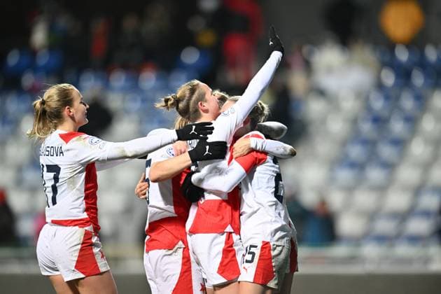 Michaela Khyrova of Slavia (centre) celebrates goal during the St. Polten vs. Slavia Praha UEFA Women s Champions League match in Mlada Boleslav, Czech Republic, January 18, 2024. (CTKxPhoto RadekxPetrasek) CTKPhotoP2024011808532  CTKPhotoP2024011808532